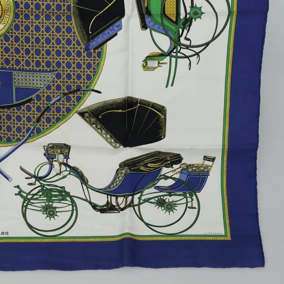 HERMES Carre 90  ""LES VOITURES A TRANSFORMATION"" Silk Blue Auth am6603 - Picture 10 of 14